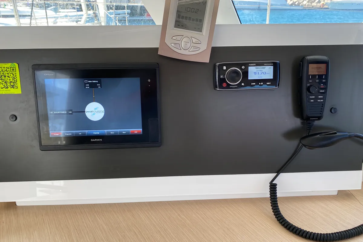 Cockpit of Aquila, a Fountaine Pajot Lucia 40 catamaran at San Miguel de Abona, Spain