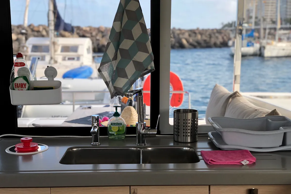 Galley of Aquila, a Fountaine Pajot Lucia 40 catamaran at San Miguel de Abona, Spain