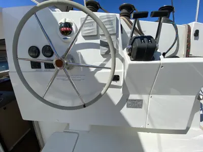 Cockpit of Aquila, a Fountaine Pajot Lucia 40 catamaran at San Miguel de Abona, Spain