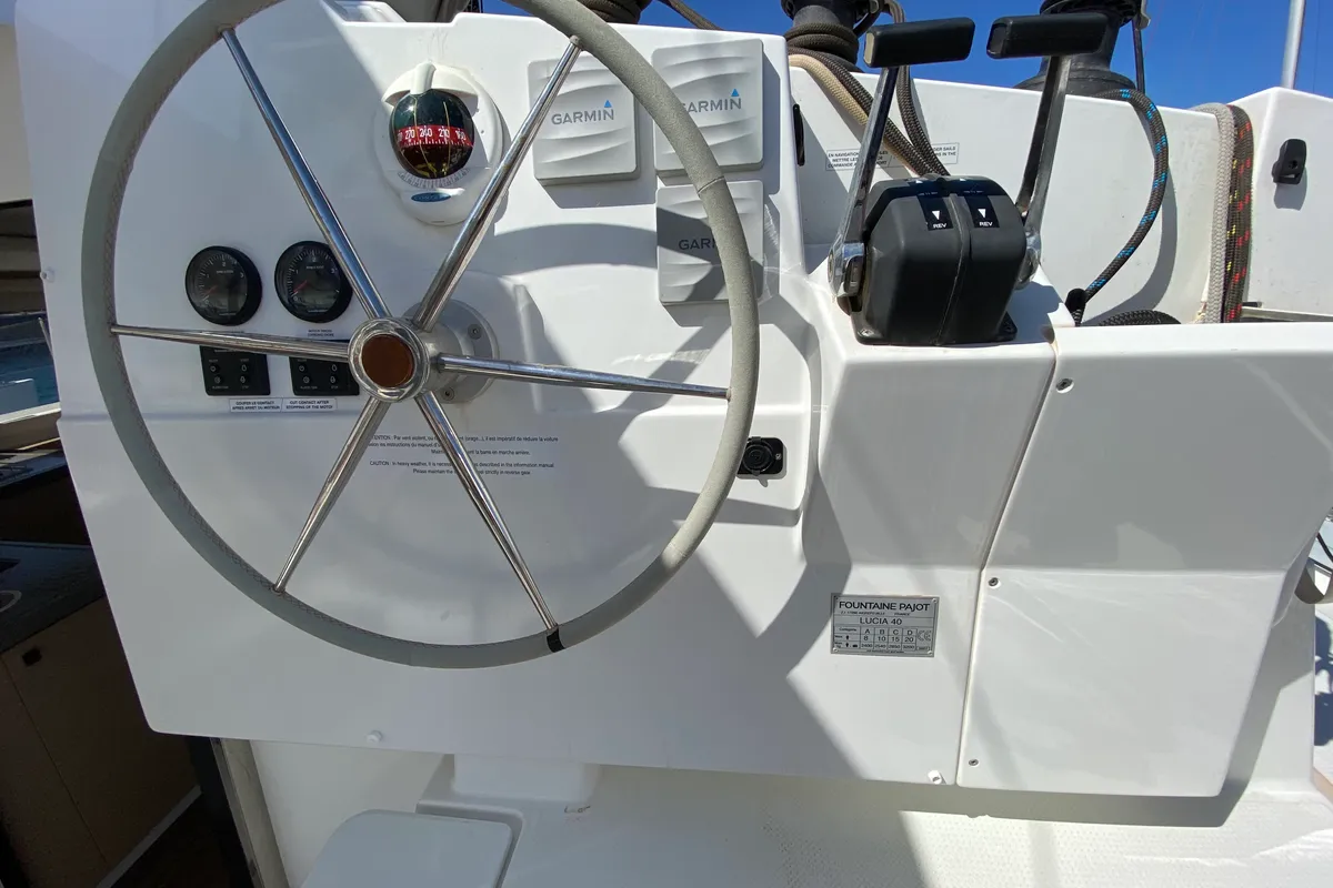 Cockpit of Aquila, a Fountaine Pajot Lucia 40 catamaran at San Miguel de Abona, Spain