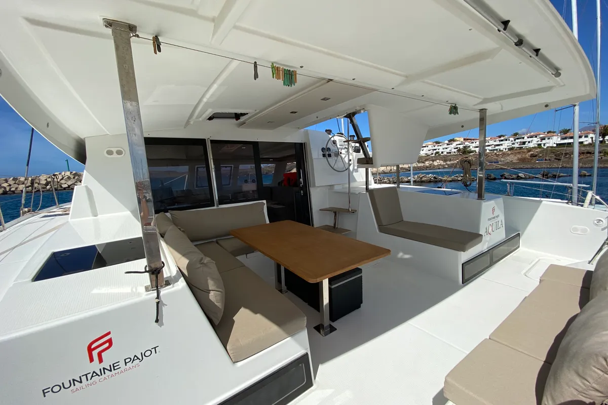 Deck of Aquila, a Fountaine Pajot Lucia 40 catamaran at San Miguel de Abona, Spain