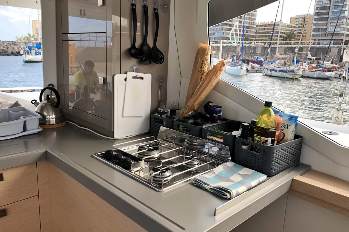 Galley of Aquila, a Fountaine Pajot Lucia 40 catamaran at San Miguel de Abona, Spain