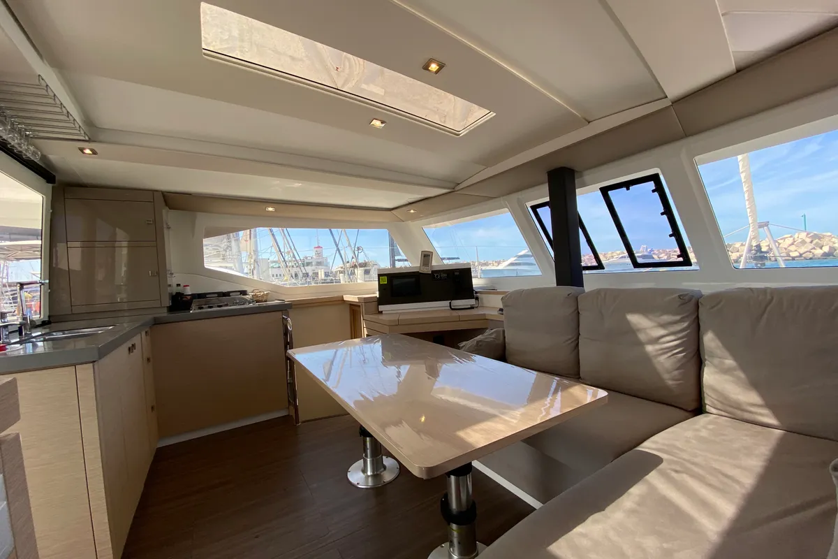 Salon of Aquila, a Fountaine Pajot Lucia 40 catamaran at San Miguel de Abona, Spain