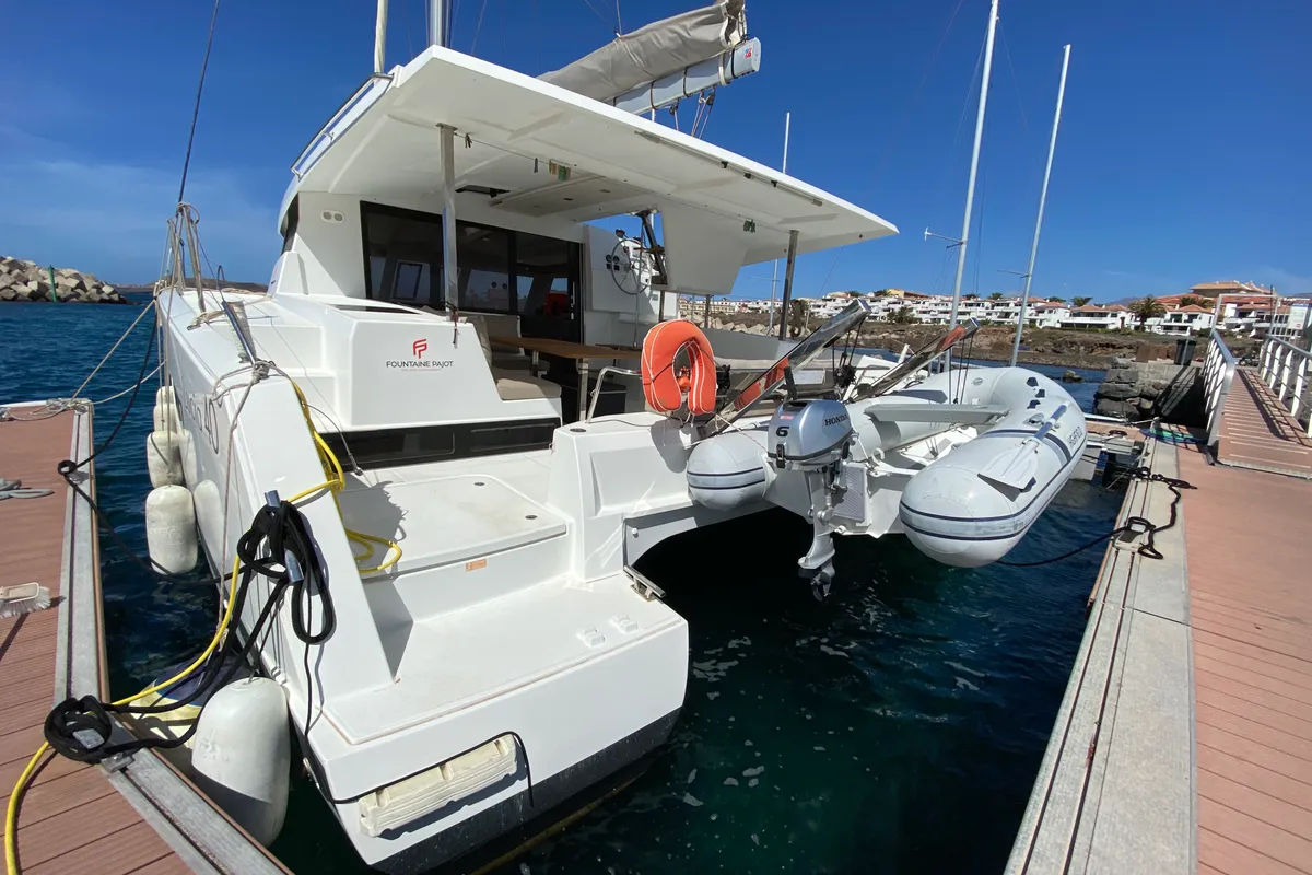 Exterior view of Aquila, a Fountaine Pajot Lucia 40 catamaran at San Miguel de Abona, Spain