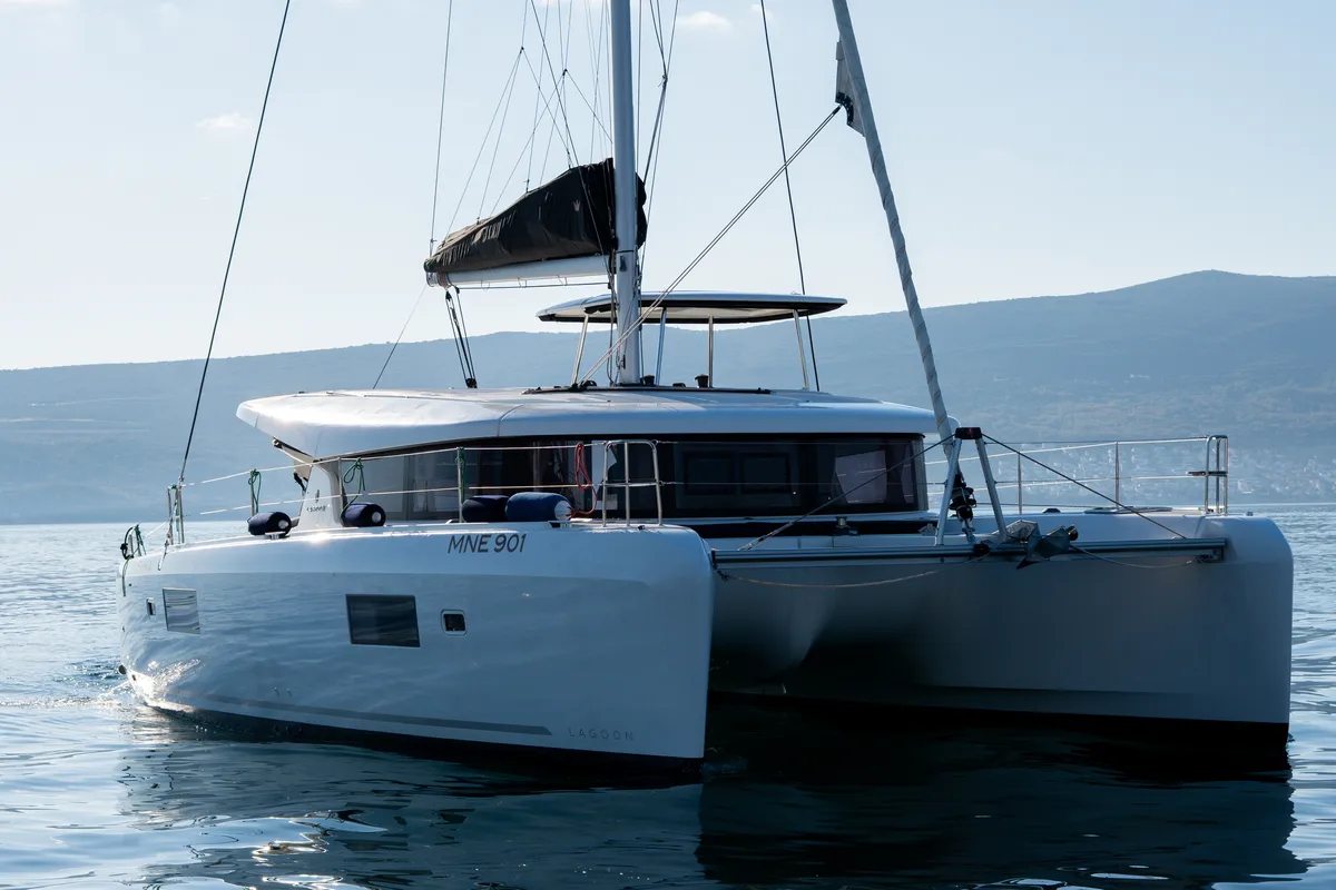 Exterior view of Lyubushka, a Lagoon 42 catamaran at Tivat, Montenegro