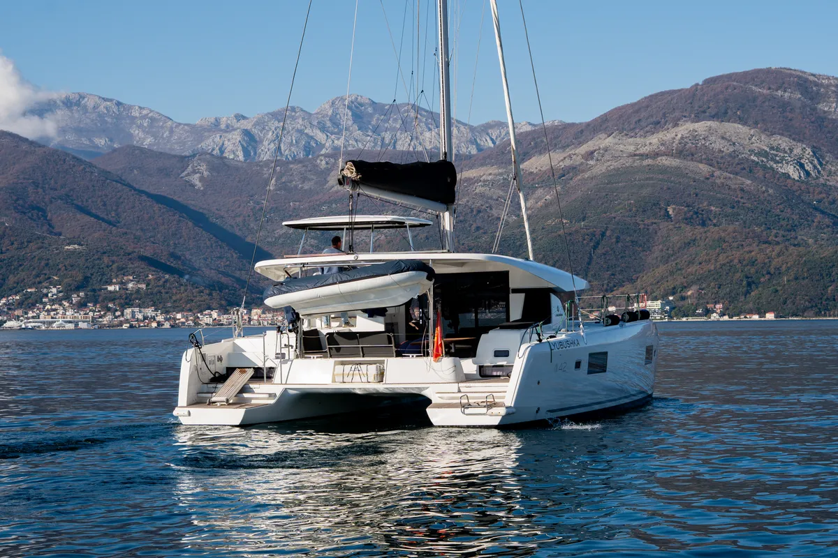 Exterior view of Lyubushka, a Lagoon 42 catamaran at Tivat, Montenegro