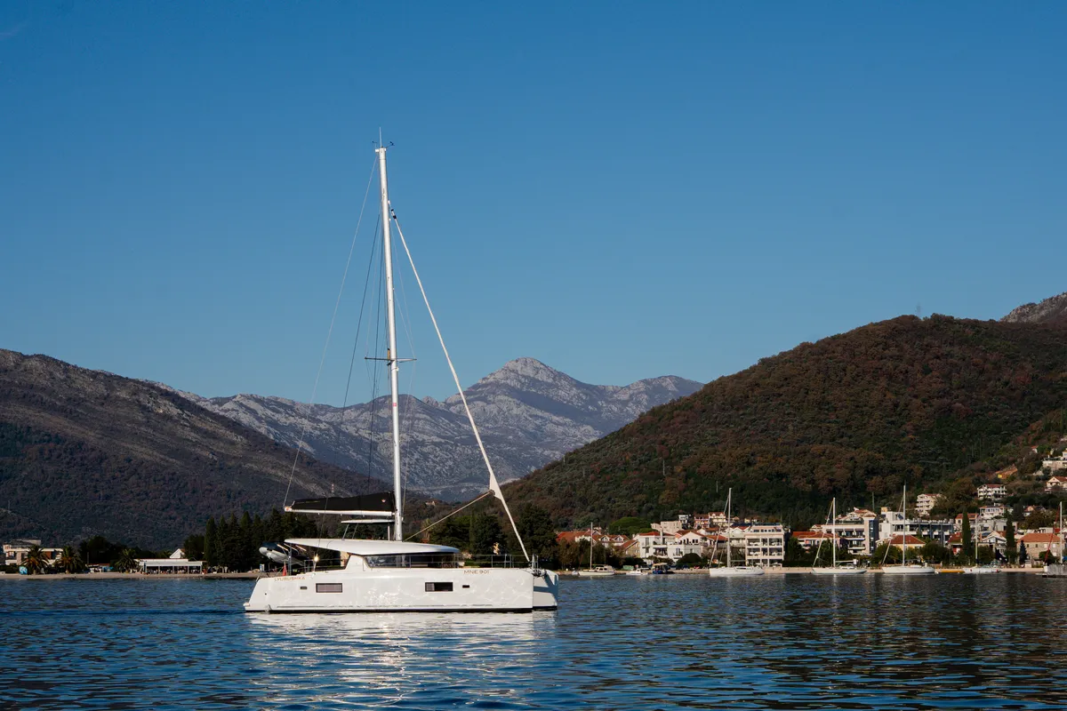 Exterior view of Lyubushka, a Lagoon 42 catamaran at Tivat, Montenegro