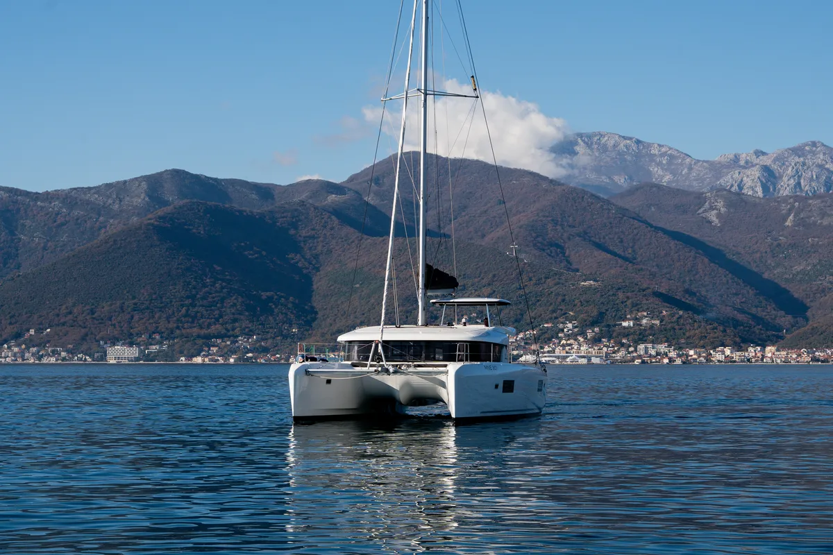 Exterior view of Lyubushka, a Lagoon 42 catamaran at Tivat, Montenegro
