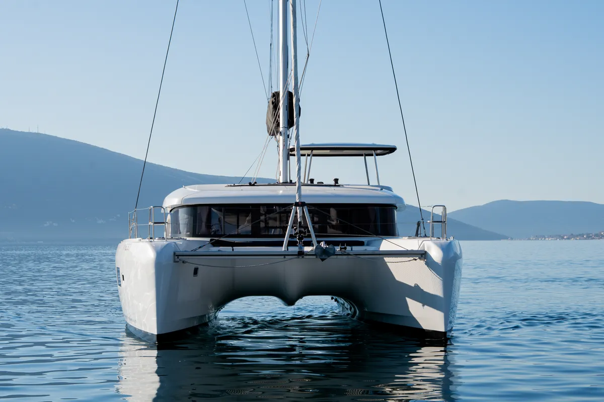 Exterior view of Lyubushka, a Lagoon 42 catamaran at Tivat, Montenegro