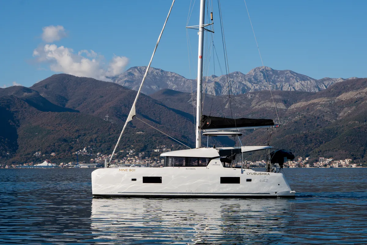Exterior view of Lyubushka, a Lagoon 42 catamaran at Tivat, Montenegro