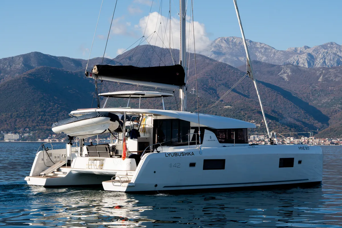 Exterior view of Lyubushka, a Lagoon 42 catamaran at Tivat, Montenegro