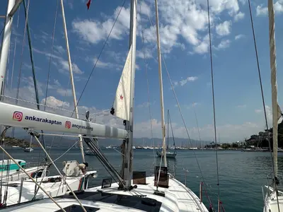Deck of Kummsal, a Dufour 430 GL sailboat at Fethiye, Turkey