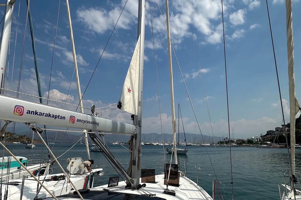 Deck of Kummsal, a Dufour 430 GL sailboat at Fethiye, Turkey