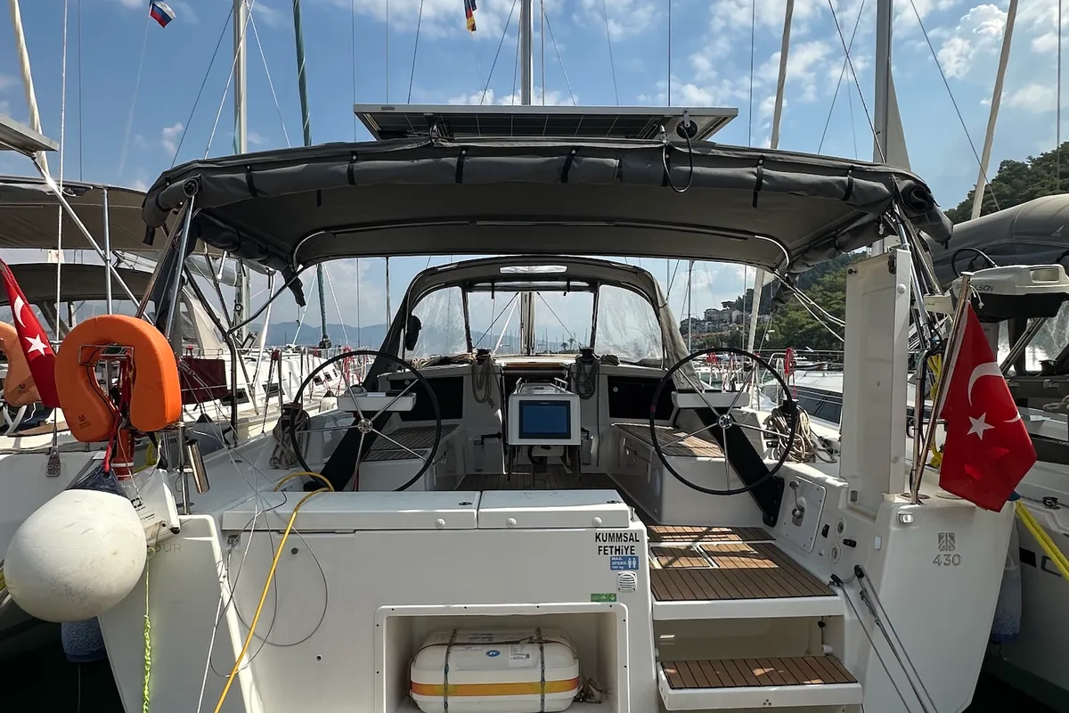 Exterior view of Kummsal, a Dufour 430 GL sailboat at Fethiye, Turkey