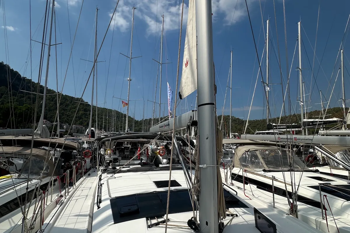 Deck of Kummsal, a Dufour 430 GL sailboat at Fethiye, Turkey