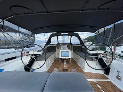 Cockpit of Kummsal, a Dufour 430 GL sailboat at Fethiye, Turkey