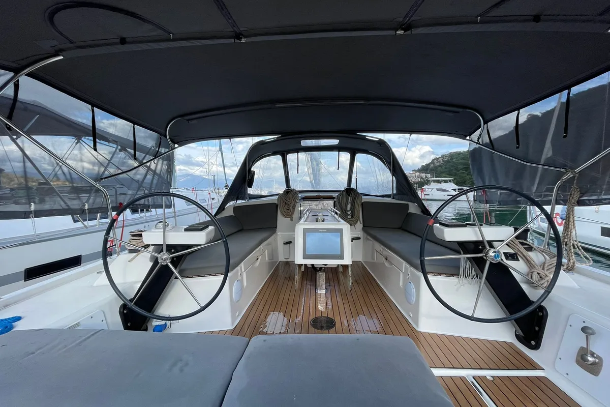Cockpit of Kummsal, a Dufour 430 GL sailboat at Fethiye, Turkey