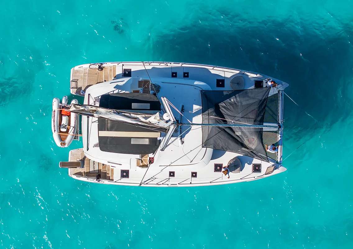 Exterior view of Galaxy, a Lagoon 46 catamaran at Athens, Greece