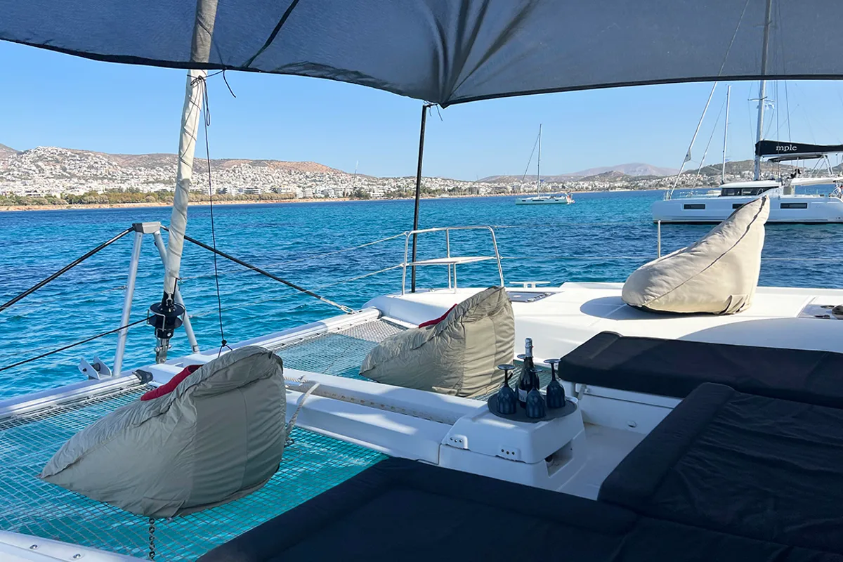 Deck of Galaxy, a Lagoon 46 catamaran at Athens, Greece