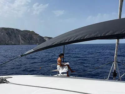 Deck of Galaxy, a Lagoon 46 catamaran at Athens, Greece