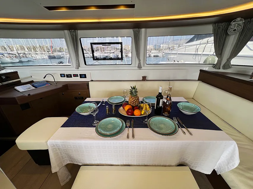 Salon of Galaxy, a Lagoon 46 catamaran at Athens, Greece
