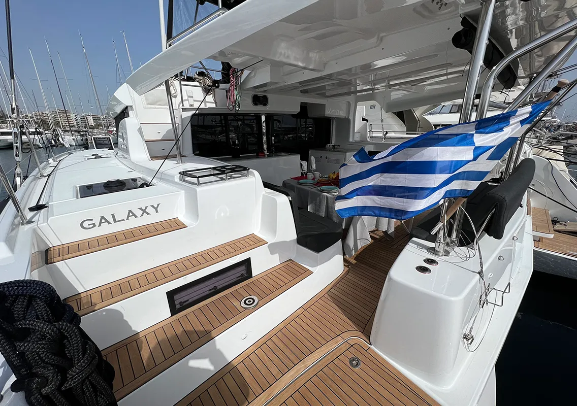 Deck of Galaxy, a Lagoon 46 catamaran at Athens, Greece