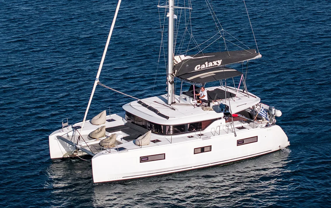 Exterior view of Galaxy, a Lagoon 46 catamaran at Athens, Greece