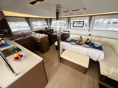 Salon of Galaxy, a Lagoon 46 catamaran at Athens, Greece