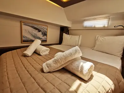 Cabin on Galaxy, a Lagoon 46 catamaran at Athens, Greece