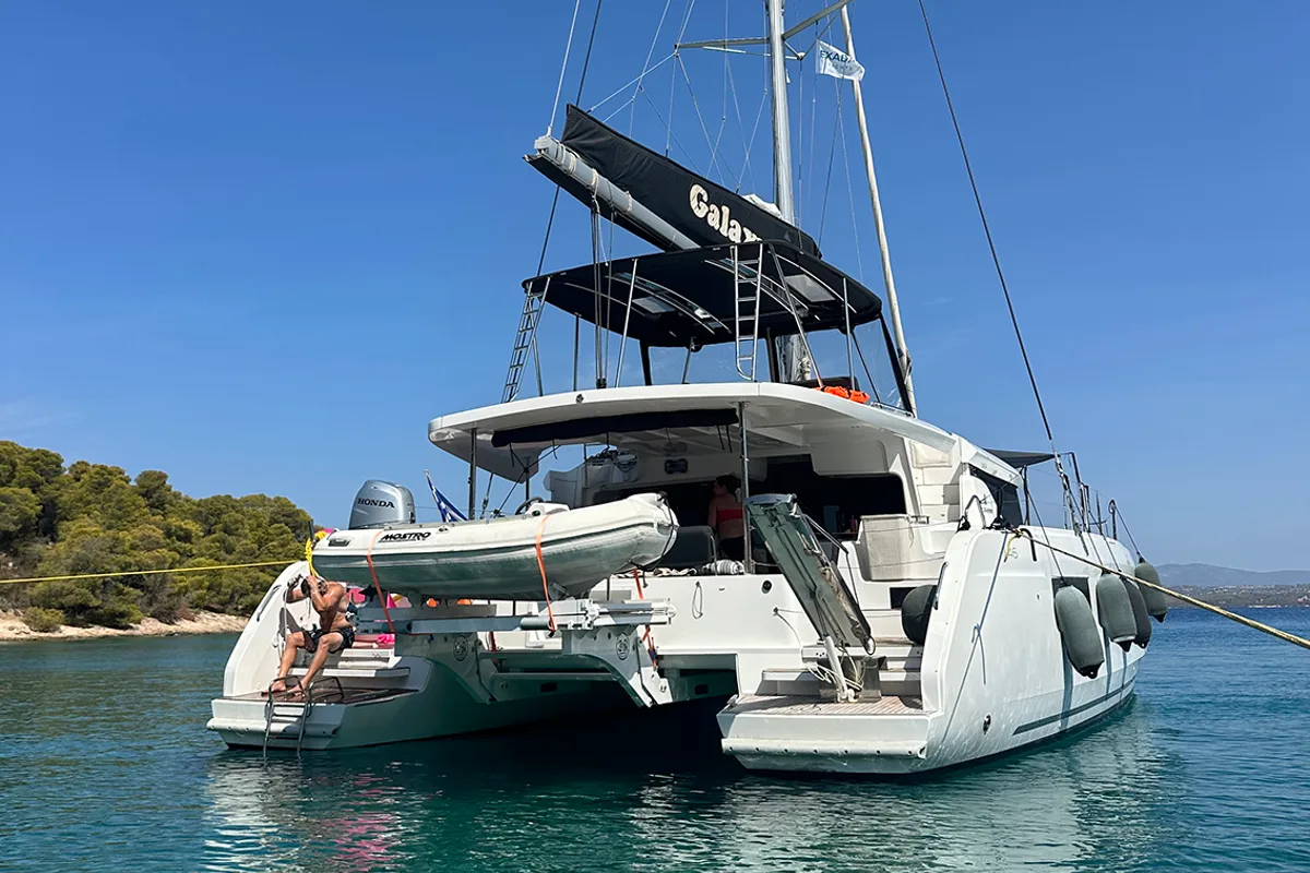 Exterior view of Galaxy, a Lagoon 46 catamaran at Athens, Greece