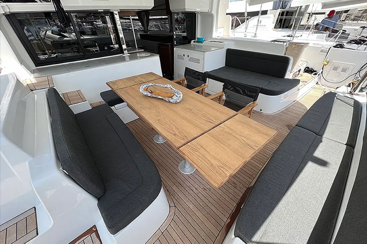 Deck of Galaxy, a Lagoon 46 catamaran at Athens, Greece