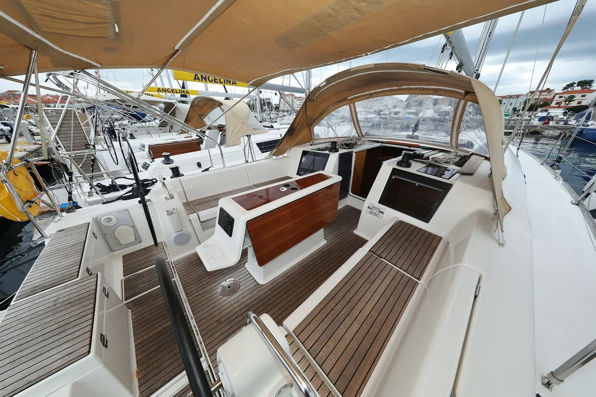Cockpit of 3 Friends, a Dufour 412 GL sailboat at Primošten, Croatia