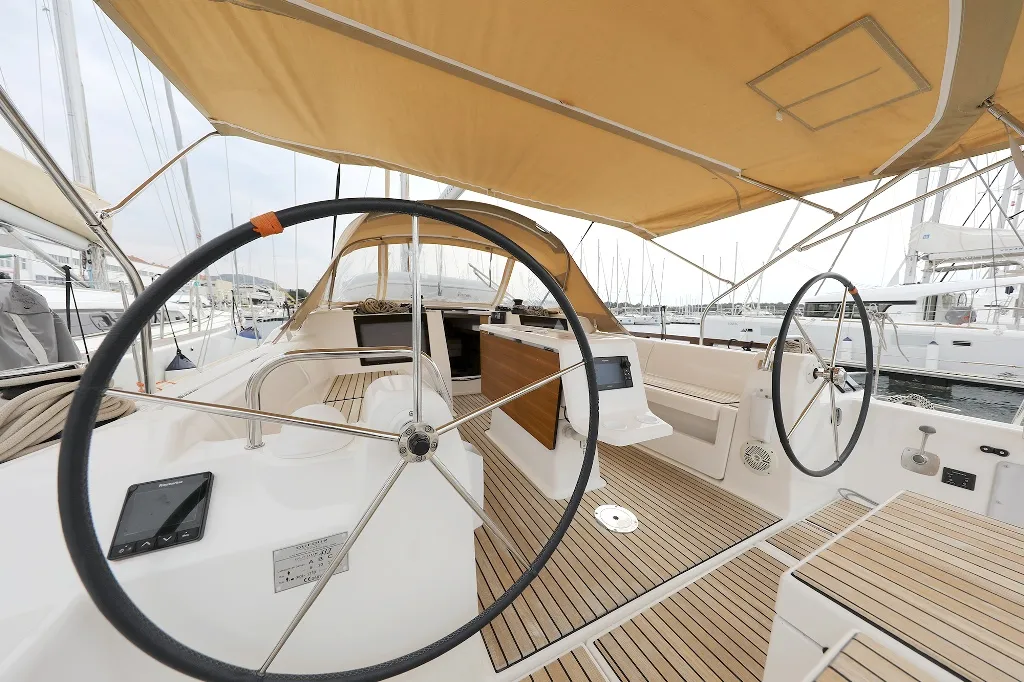 Cockpit of 3 Friends, a Dufour 412 GL sailboat at Primošten, Croatia
