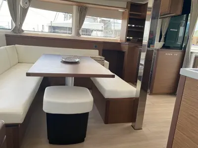 Salon of Blue Alma, a Lagoon 46 catamaran at Olbia, Italy