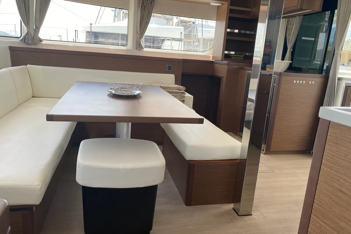 Salon of Blue Alma, a Lagoon 46 catamaran at Olbia, Italy