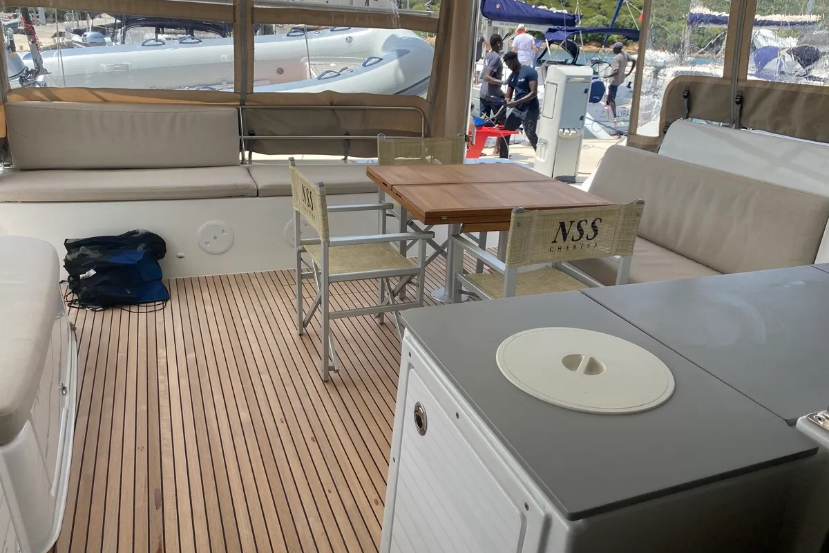 Deck of Blue Alma, a Lagoon 46 catamaran at Olbia, Italy