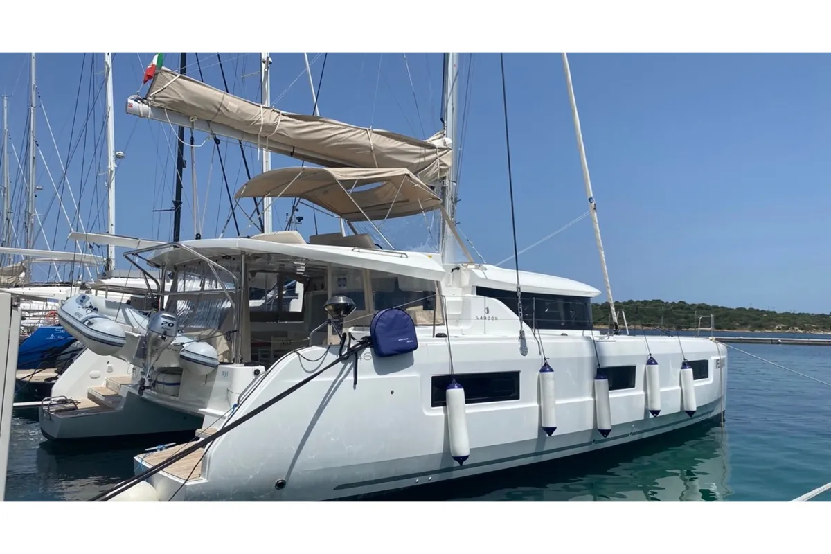 Exterior view of Blue Alma, a Lagoon 46 catamaran at Olbia, Italy