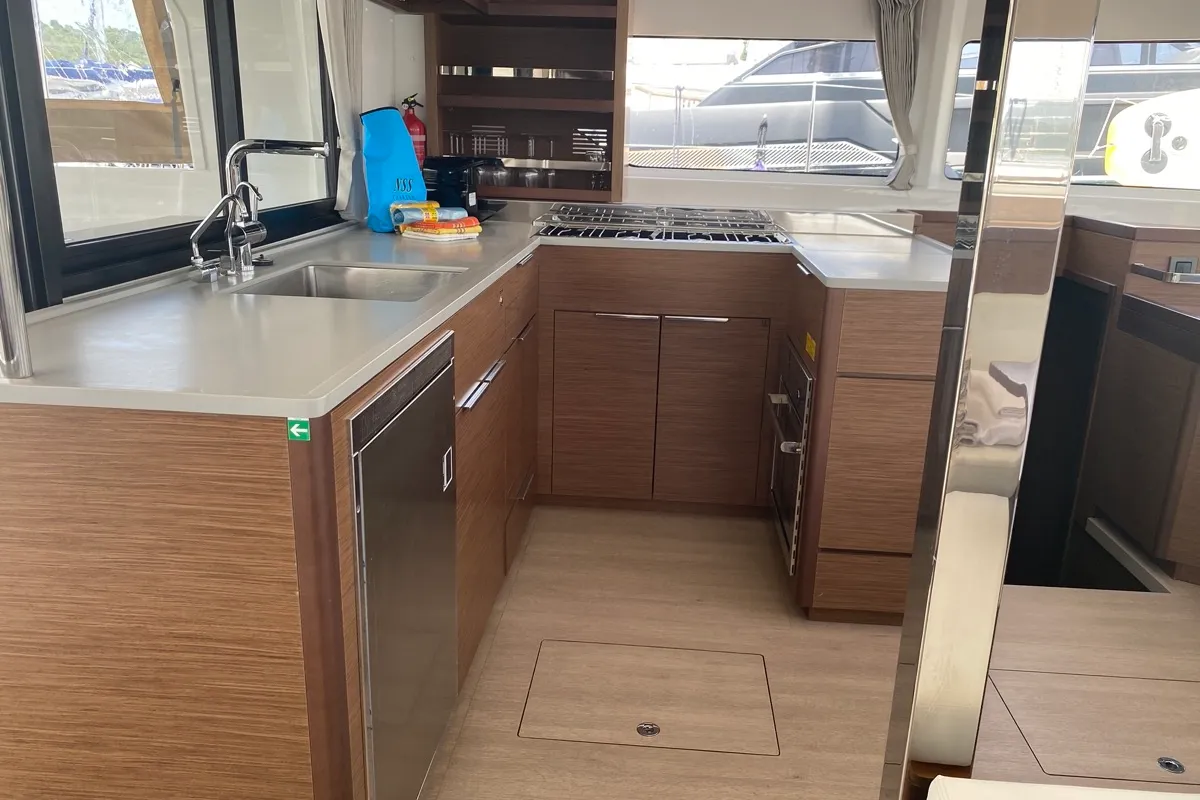 Galley of Blue Alma, a Lagoon 46 catamaran at Olbia, Italy