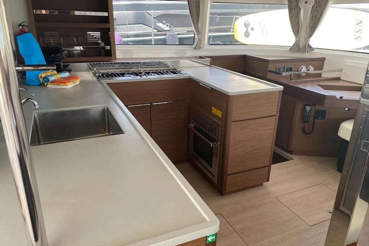 Galley of Blue Alma, a Lagoon 46 catamaran at Olbia, Italy