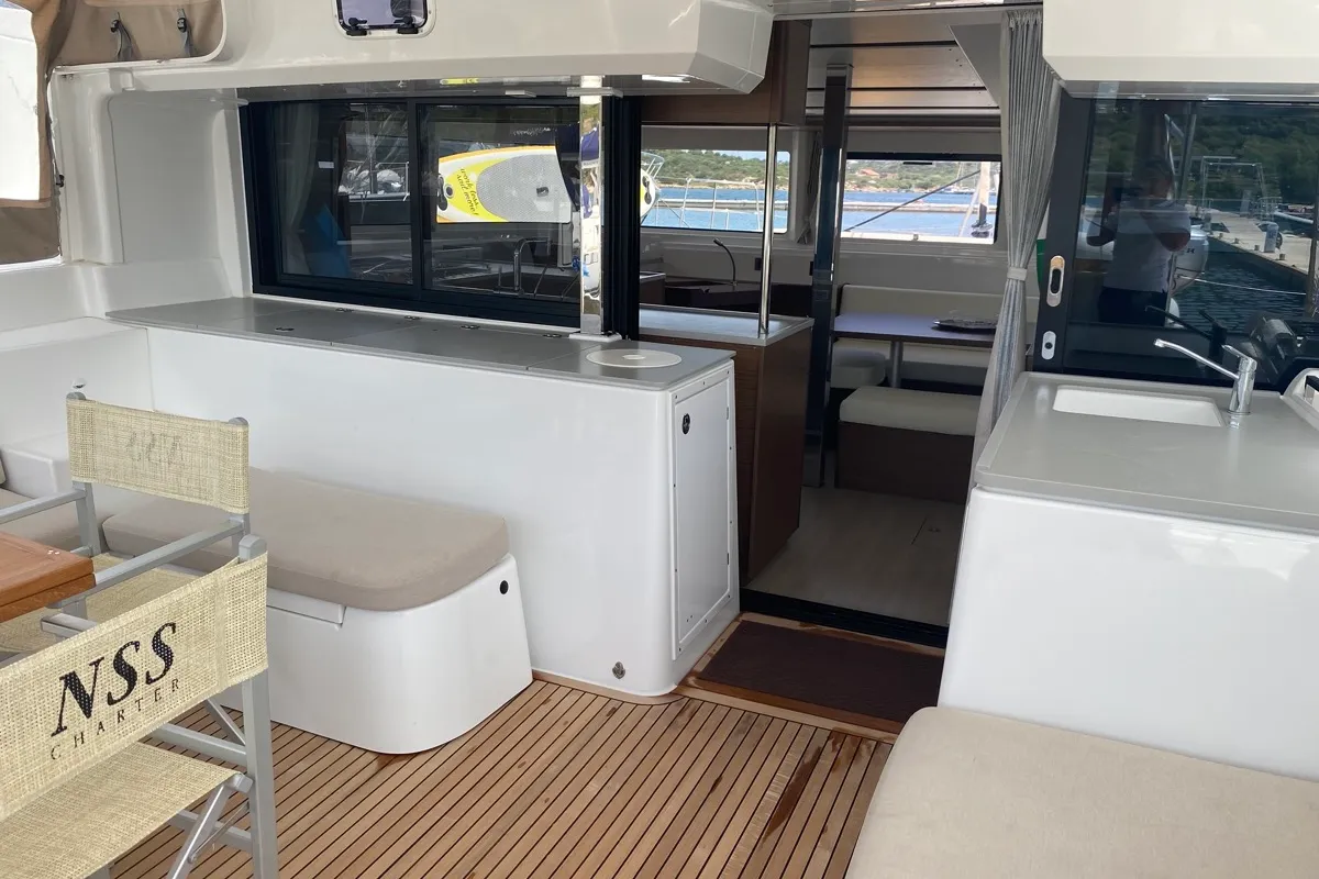 Deck of Blue Alma, a Lagoon 46 catamaran at Olbia, Italy