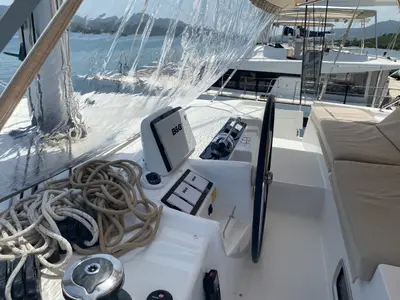 Cockpit of Blue Alma, a Lagoon 46 catamaran at Olbia, Italy