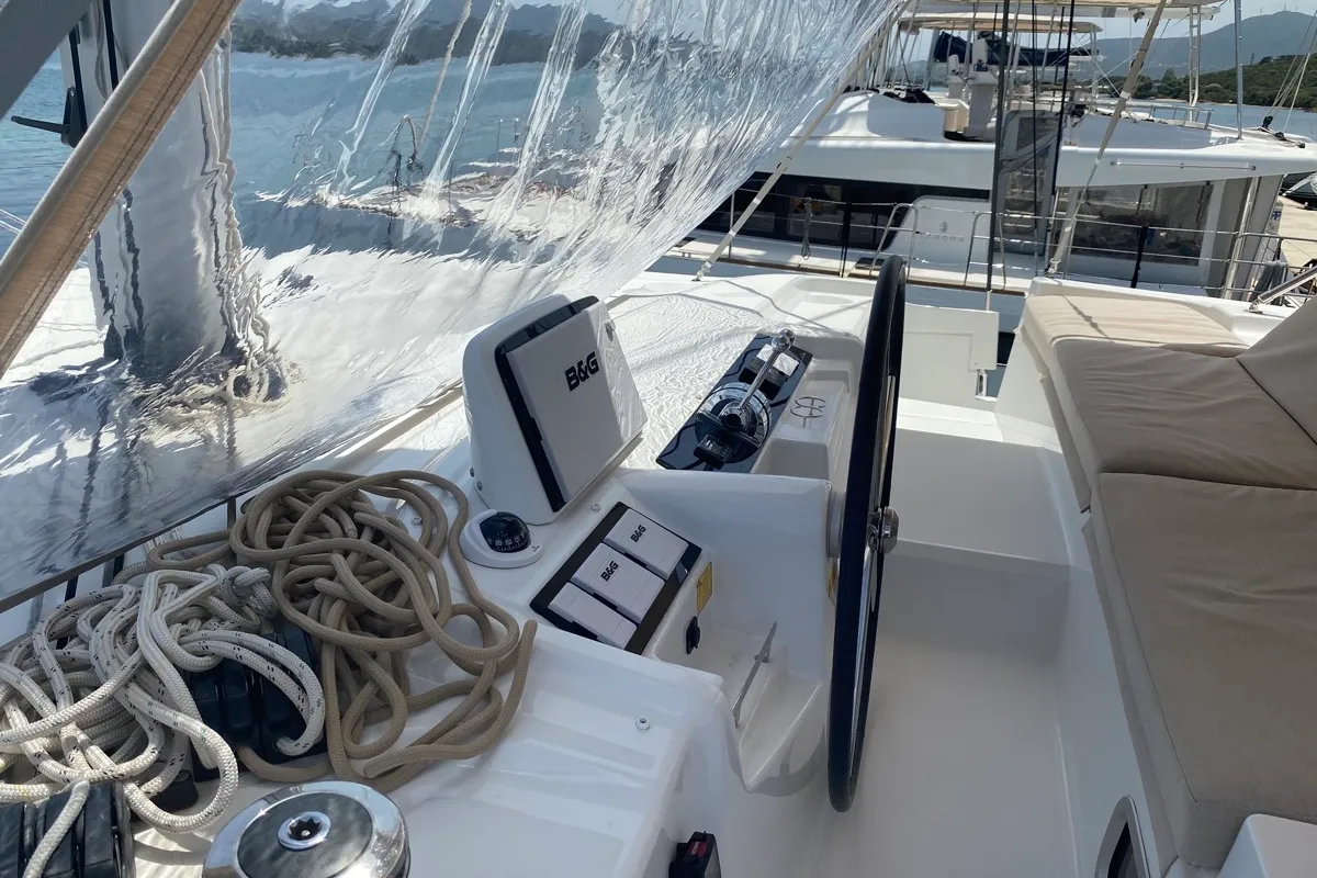 Cockpit of Blue Alma, a Lagoon 46 catamaran at Olbia, Italy