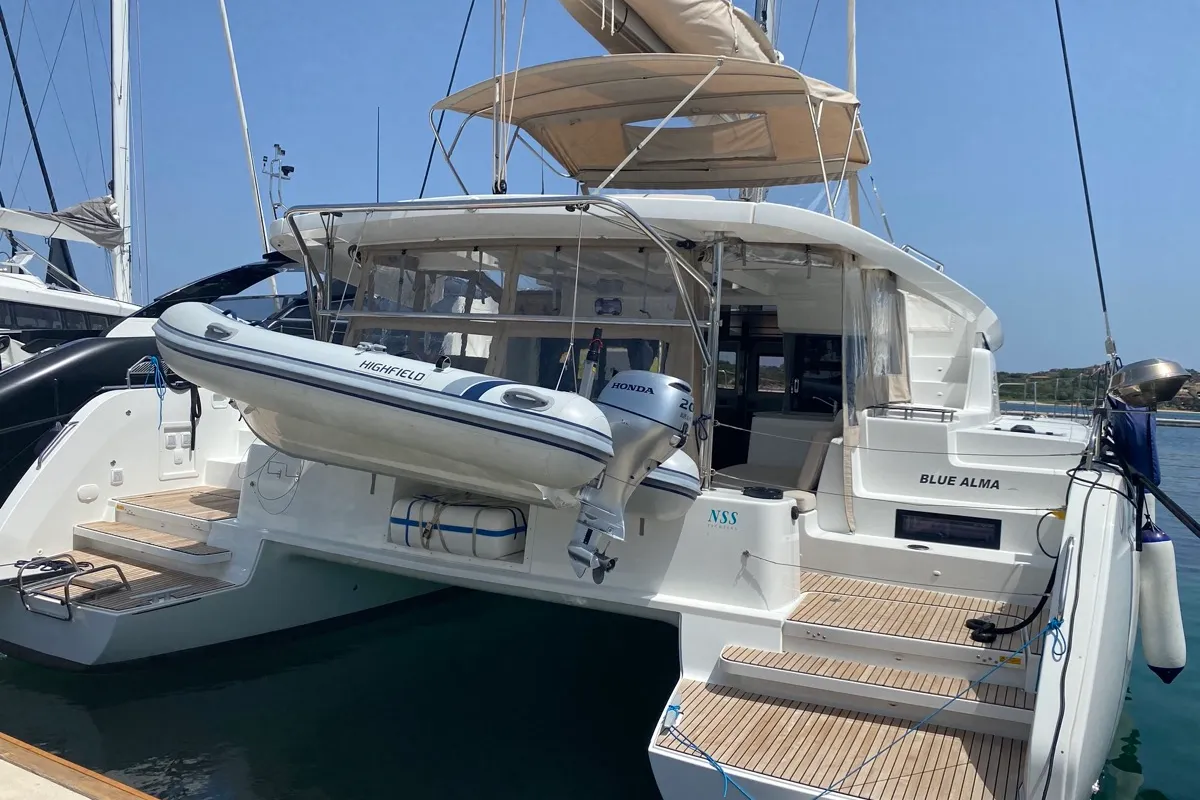 Exterior view of Blue Alma, a Lagoon 46 catamaran at Olbia, Italy