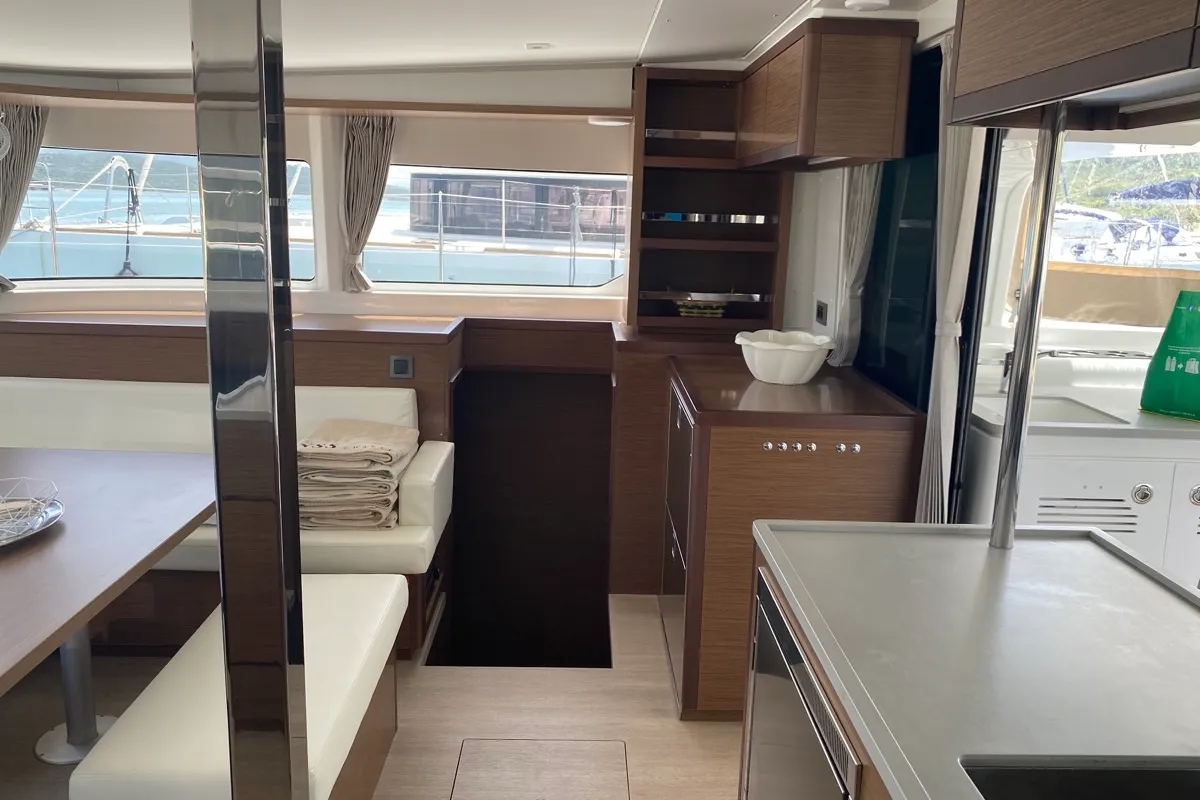 Salon of Blue Alma, a Lagoon 46 catamaran at Olbia, Italy