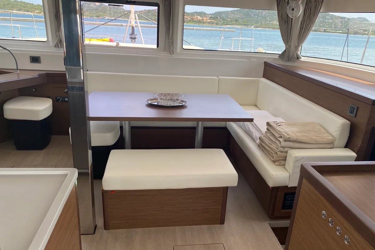 Salon of Blue Alma, a Lagoon 46 catamaran at Olbia, Italy
