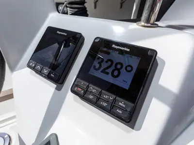 Cockpit of Vittoria, a Jeanneau Sun Odyssey 440 sailboat at Capo d'Orlando, Italy