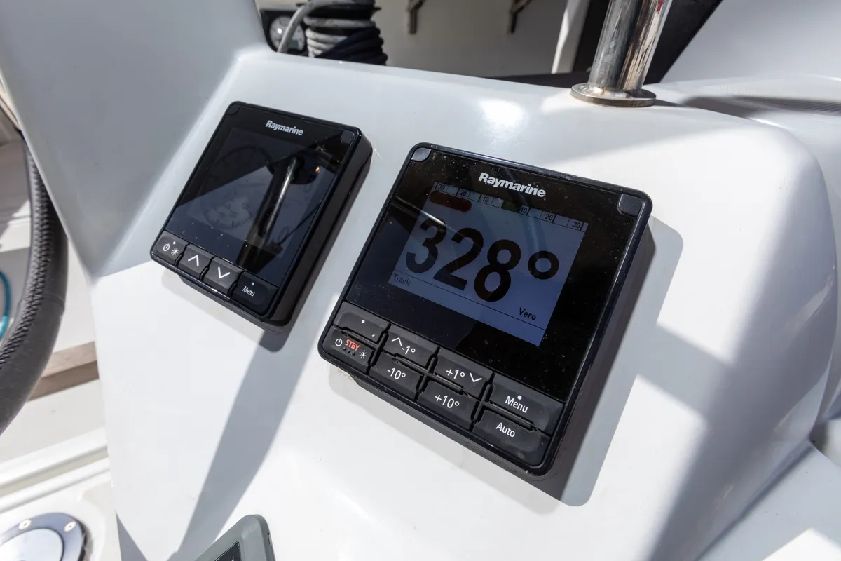 Cockpit of Vittoria, a Jeanneau Sun Odyssey 440 sailboat at Capo d'Orlando, Italy