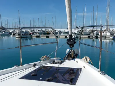 Deck of Vittoria, a Jeanneau Sun Odyssey 440 sailboat at Capo d'Orlando, Italy
