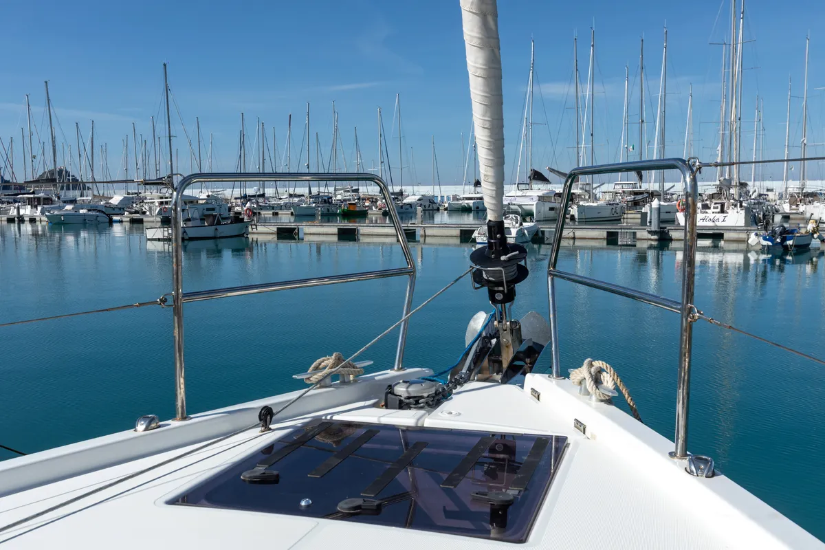 Deck of Vittoria, a Jeanneau Sun Odyssey 440 sailboat at Capo d'Orlando, Italy