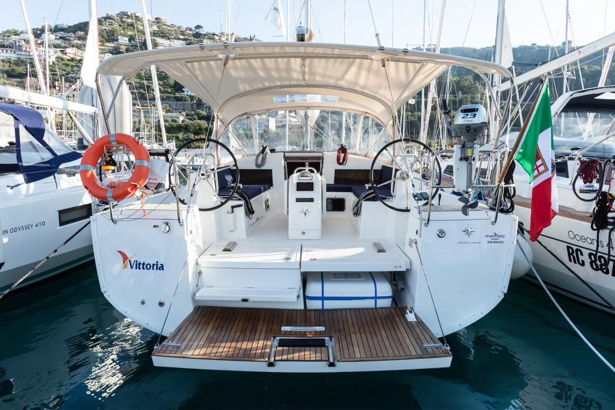 Exterior view of Vittoria, a Jeanneau Sun Odyssey 440 sailboat at Capo d'Orlando, Italy
